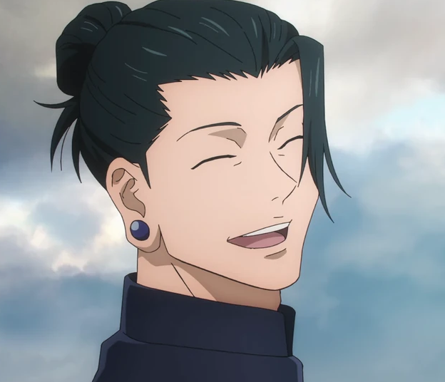 Geta from Jujutsu Kaisen. He is in front of a cloudy sky smiling over his shoulder. He has neat black hair in a bun, white skin, and large black earrings. His shirt, barely visible, is also black.